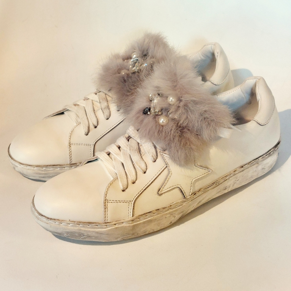Piranha distressed white leather sneakers w fur trim, EU41, New, trade sample - Picture 2 of 16